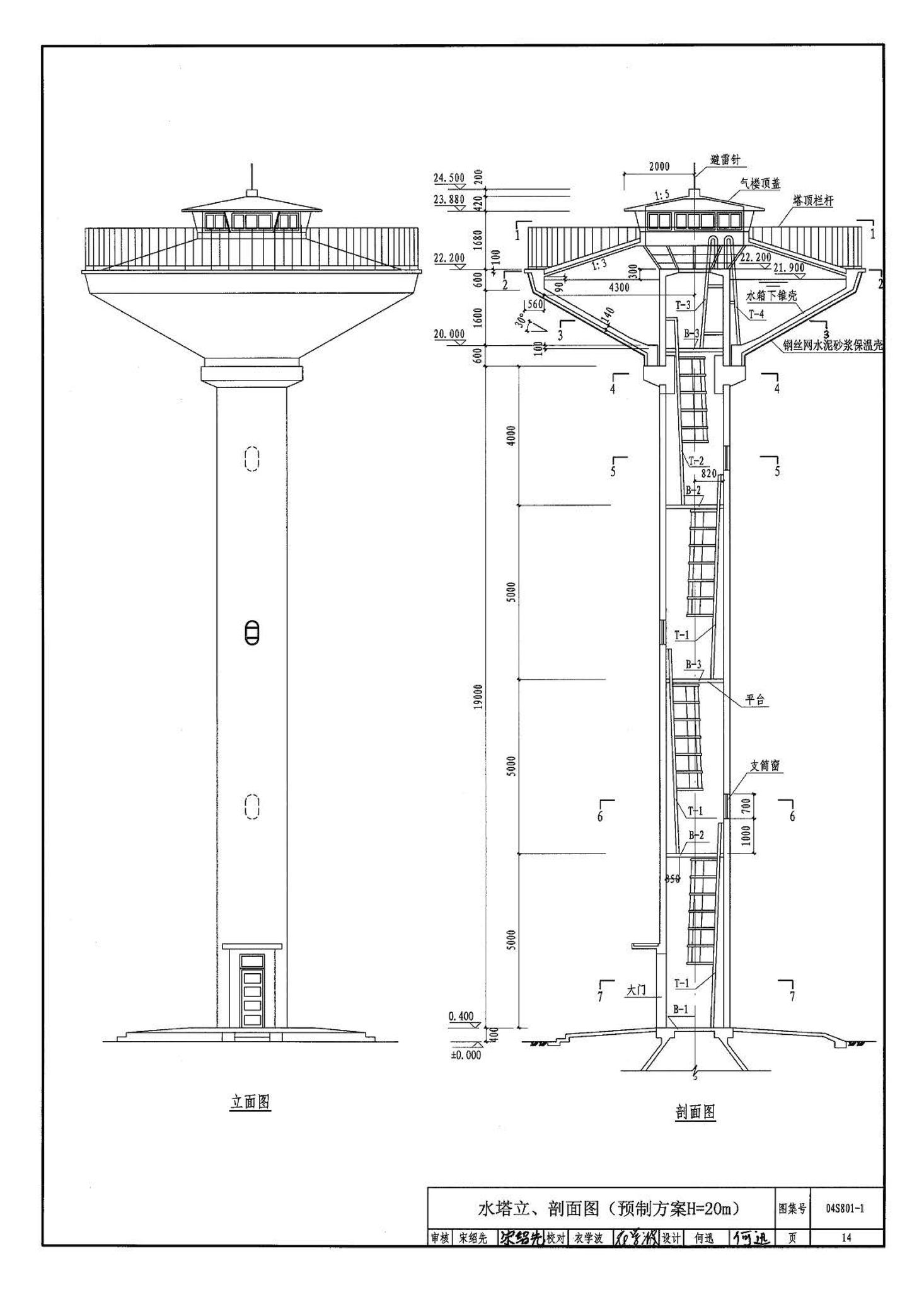 04S801-1--钢筋混凝土倒锥壳保温水塔（50m3、100m3）