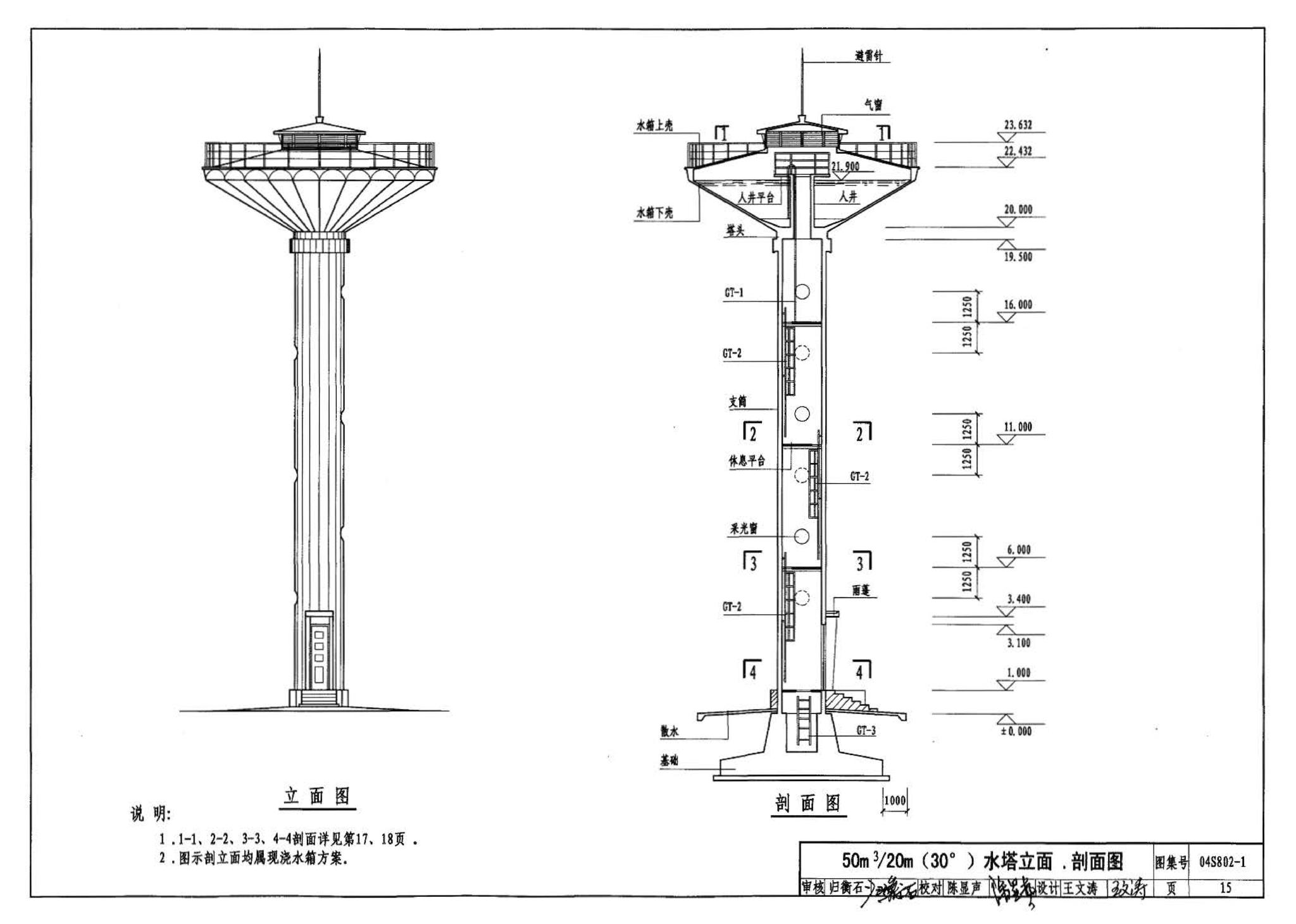 04S802-1--钢筋混凝土倒锥壳不保温水塔（50m3、100m3）