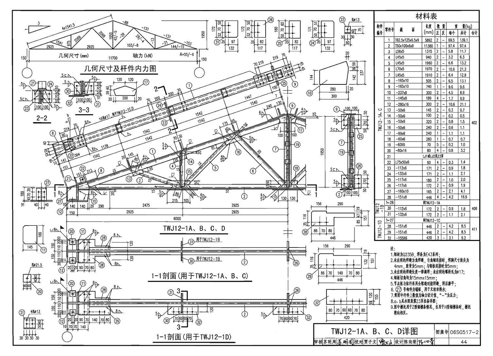 06SG517-2--轻型屋面三角形钢屋架（剖分T型钢）