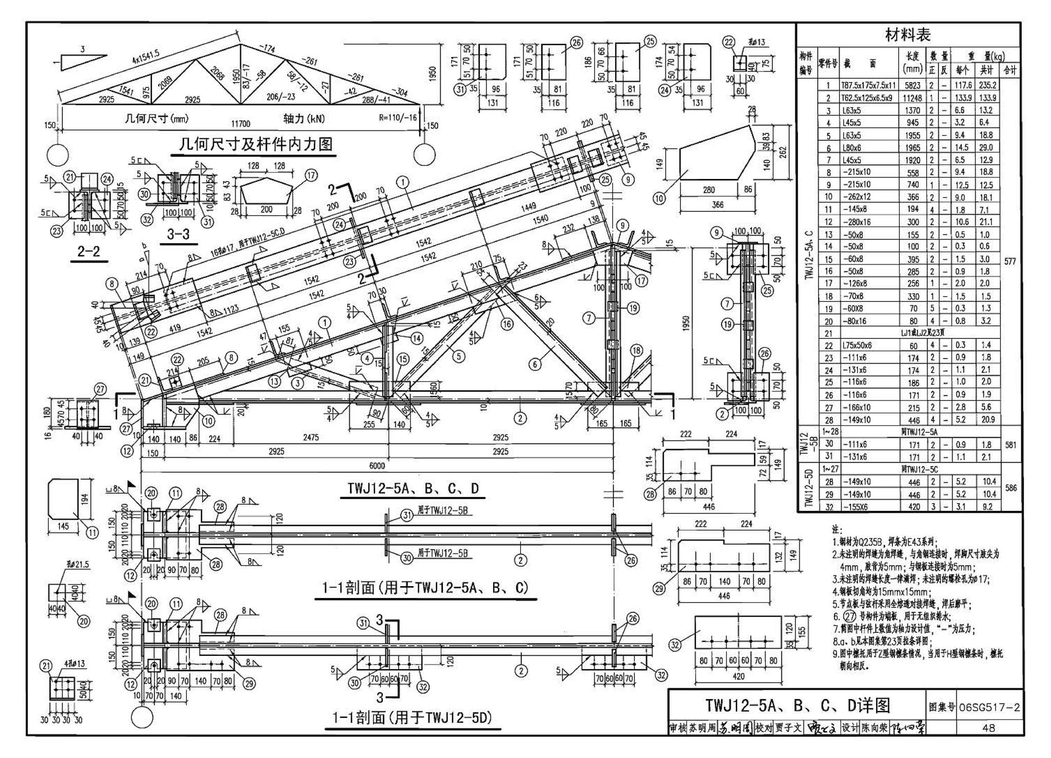 06SG517-2--轻型屋面三角形钢屋架（剖分T型钢）