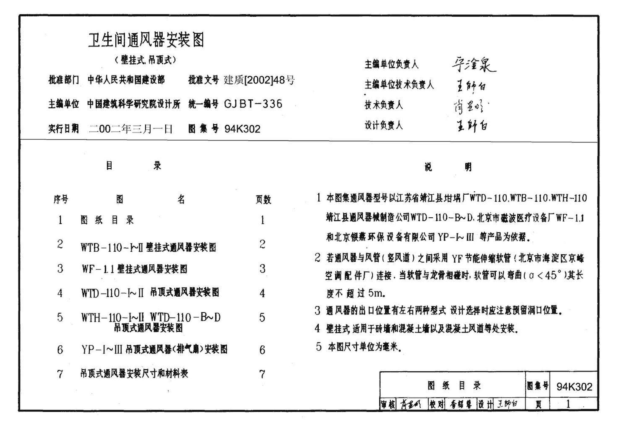 94K302--卫生间通风器安装图（壁挂式、吊顶式）