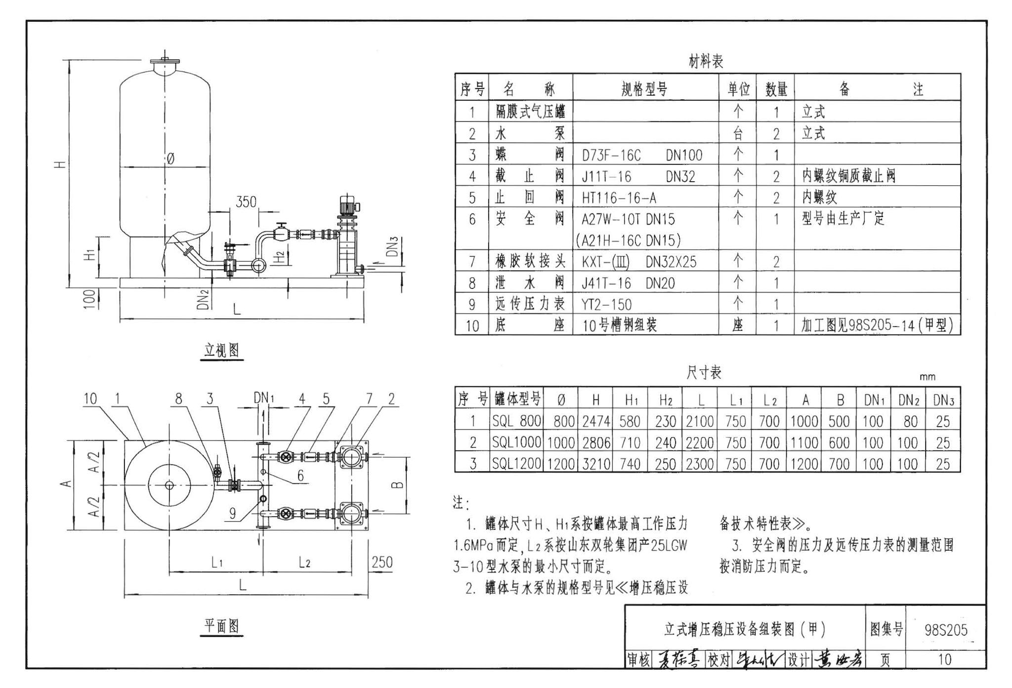 98S205--消防增压稳压设备选用与安装（隔膜式气压罐）