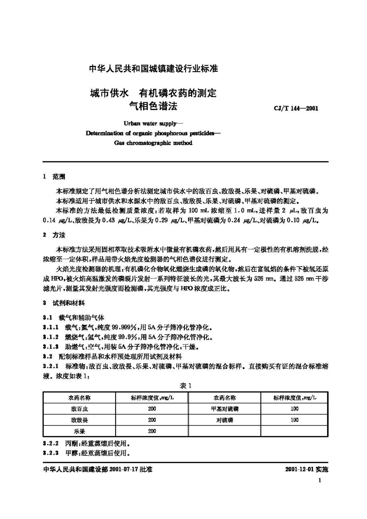 CJ/T144-2001--城市供水 有机磷农药的测定气相色谱法