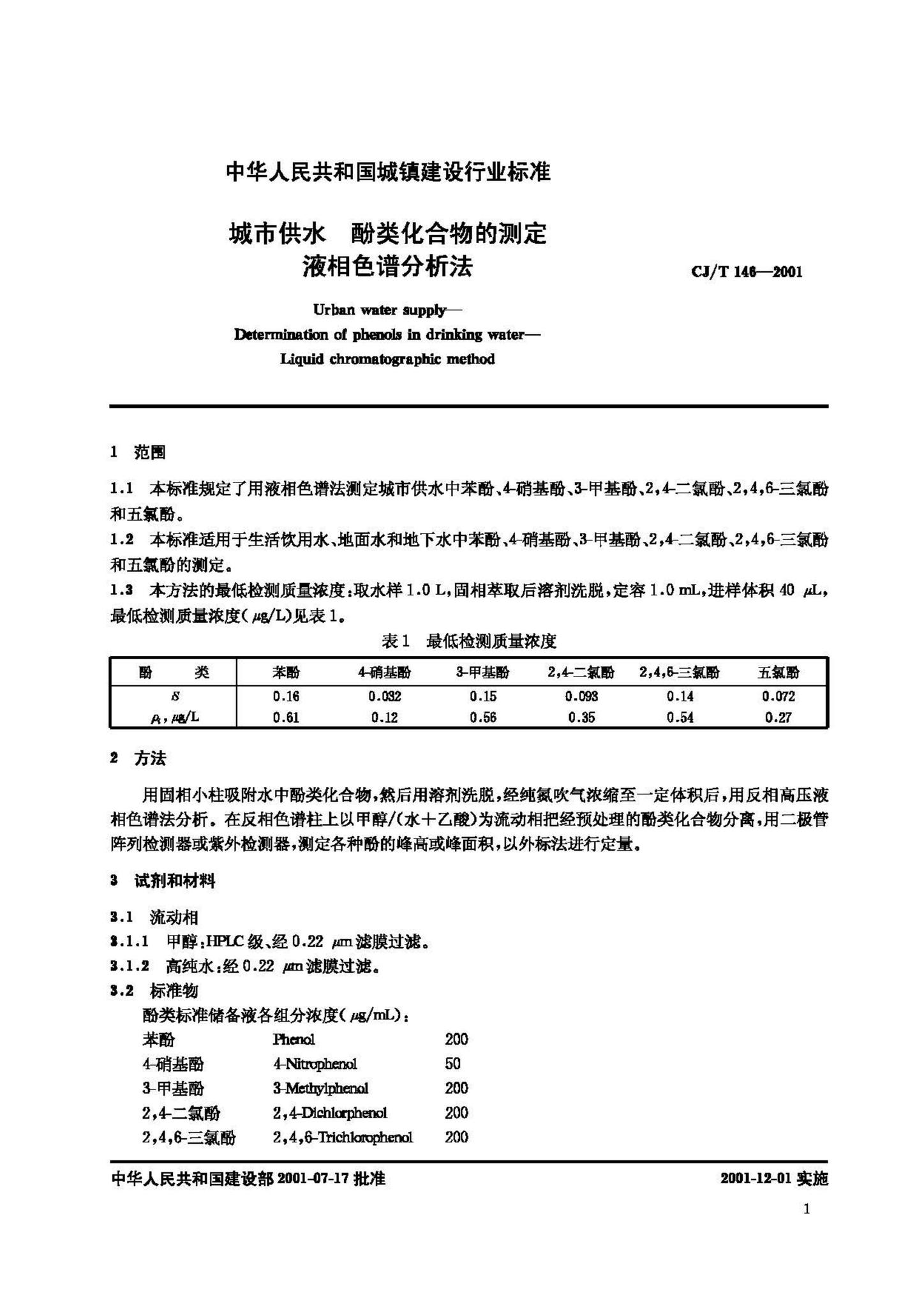 CJ/T146-2001--城市供水酚类化合物的测定液相色谱分析法
