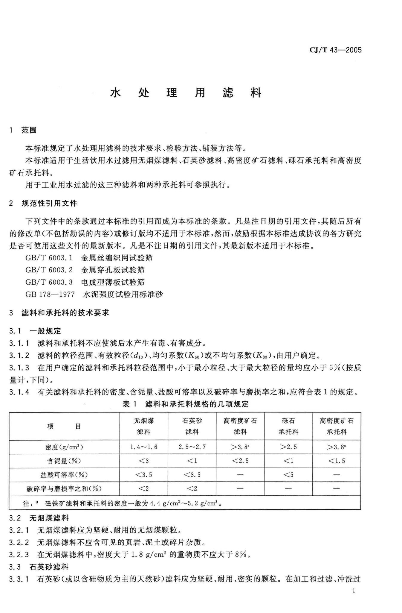 CJ/T43-2005--水处理用滤料