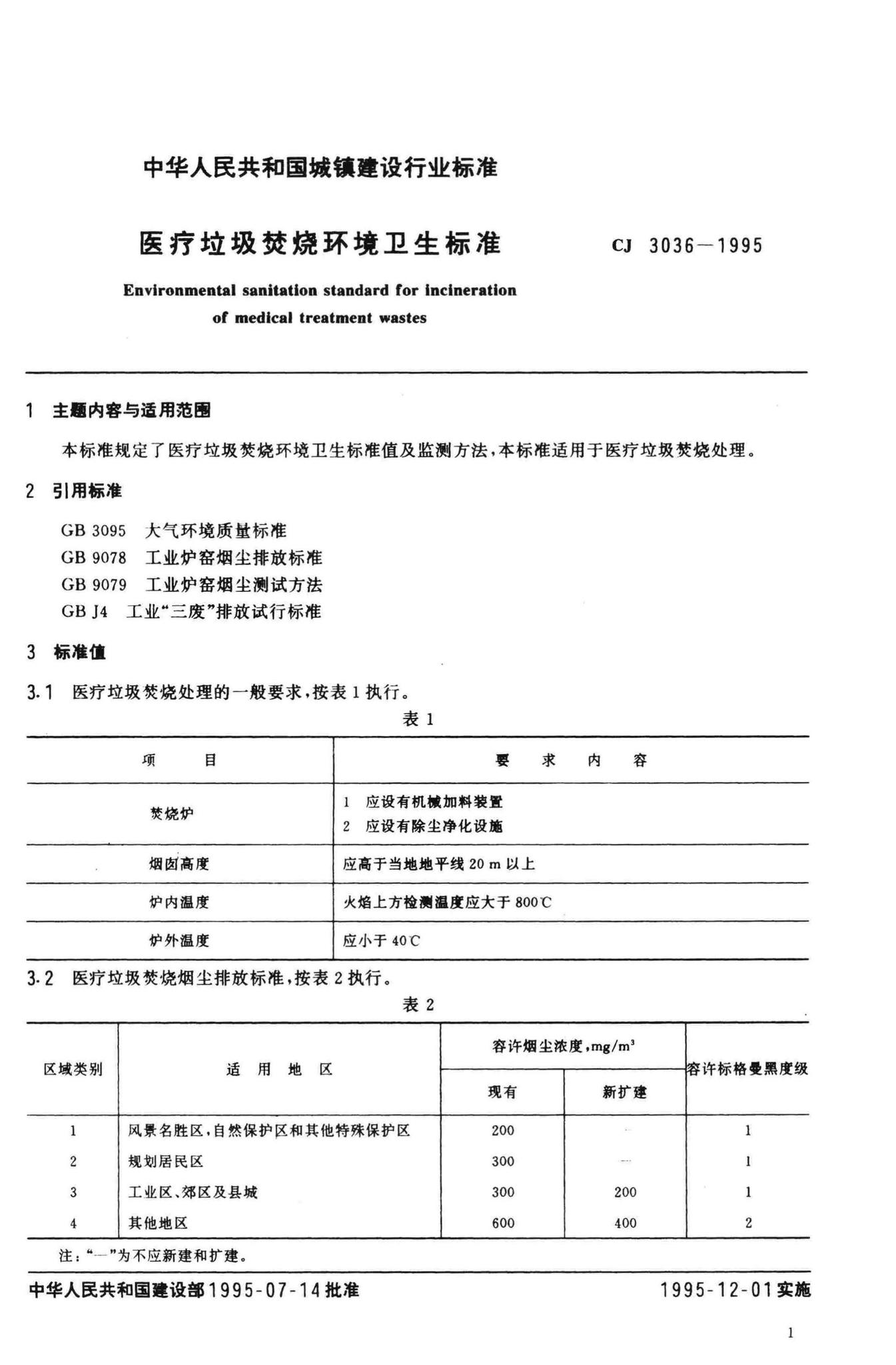 CJ3036-1995--医疗垃圾焚烧环境卫生标准